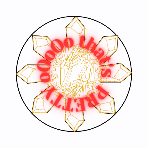 a logo that reads, "oOoOo that's PRETTY" in red in a circular formation in the center. the overall logo are gold-yellow terminated crystals surrounding a group of crystal formations within the center of the logo. looks similar to the Philippine Sun.